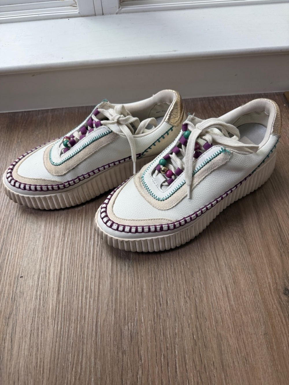 Dolce Vita Cream White Platform Sneakers with Purple and Teal Accents